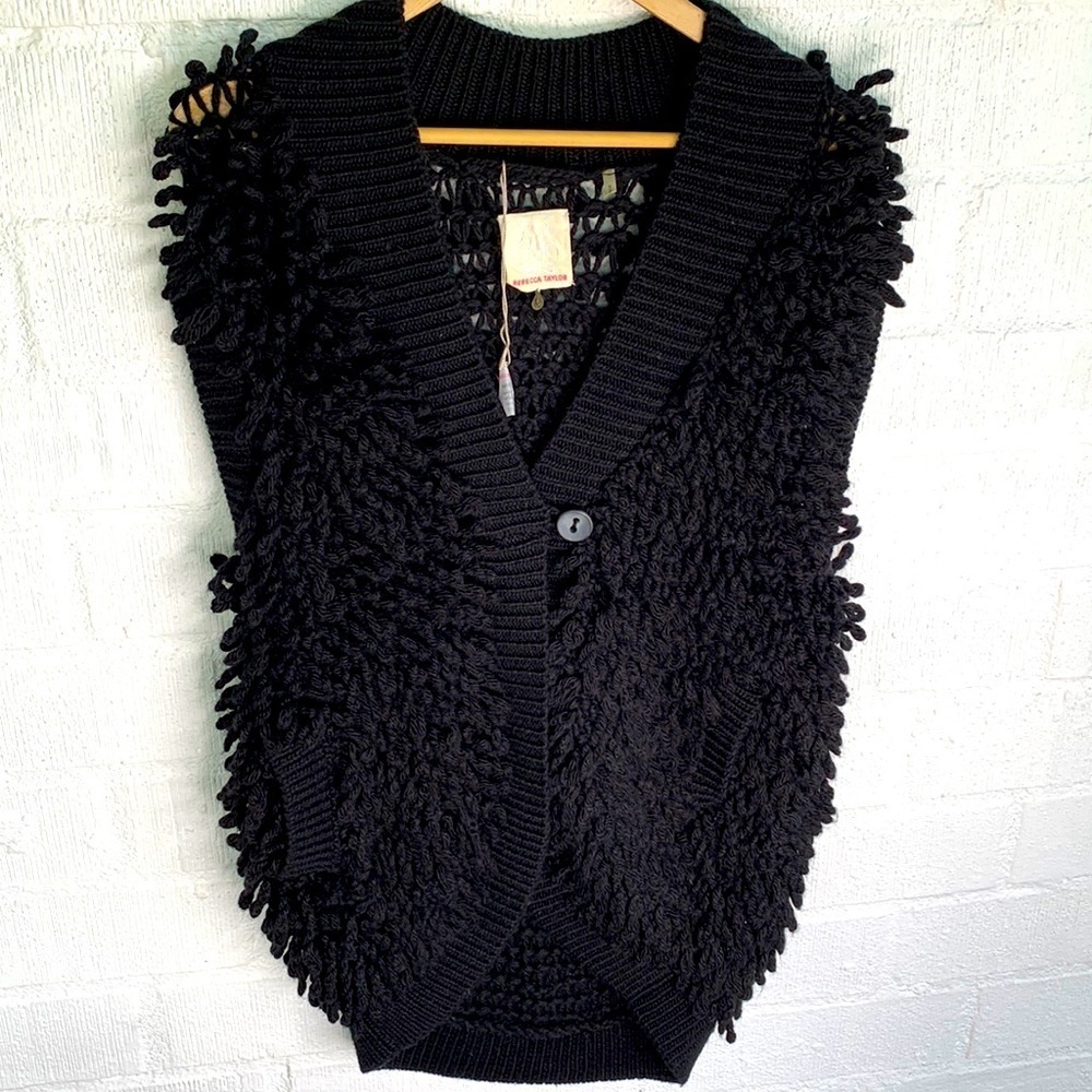 Rebecca Taylor Black Knit Cardigan Mohair Wool Acrylic Vest Sweater sz L